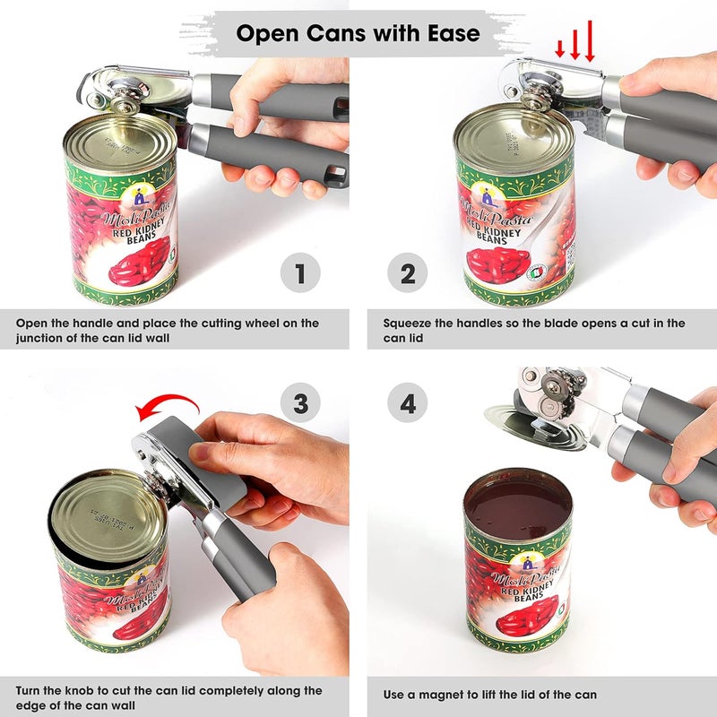 Beneno Heavy Duty Hand Can Opener Manual with Magnet, Durable Sharp Carbon Steel Blade Smooth Cutting, Big Effort-Saving Knob & Soft Grip Handle, Multifunctional Kitchen Tool with Bottle Opener, Gray - Image 4